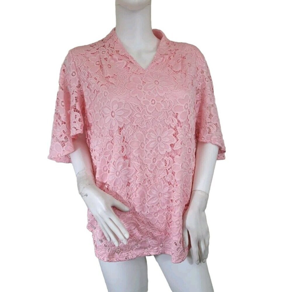Investments Women's Top Blouse Size M P Petite Pink Nylon Blend Lace V-Neck (33)
